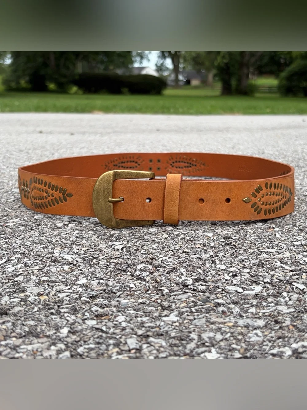 Vintage Nine West Y2K Festival Brown Leather Studded Belt Size XL 38-42” Waist